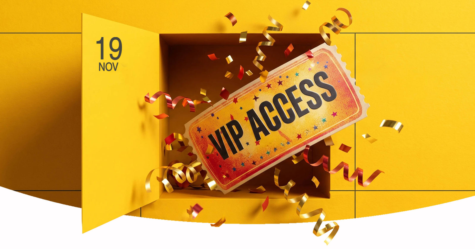 Een gele kluisdeur met 19 NOV gaat open en onthult een VIP Access-ticket